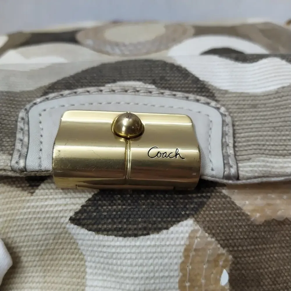 Coach Kristin Signature Siquin Canvas Leather Buckle Zipper Hobo Shoulder Bag